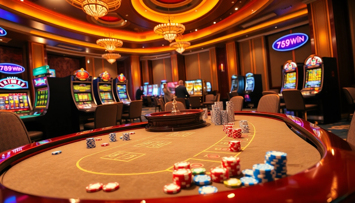 Engaging gamblers at the luxurious 789Win casino with poker tables and exciting slot machines.