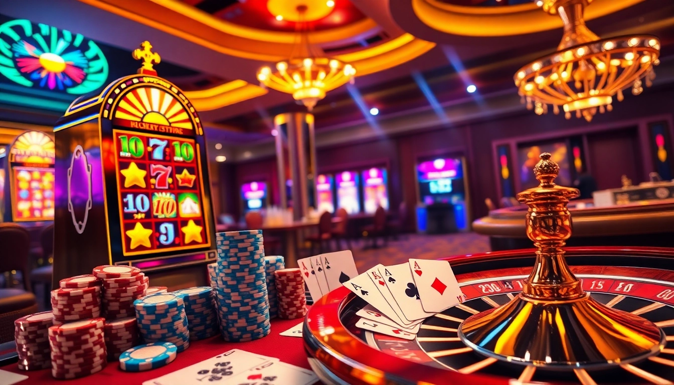 Nổ hũ bomwin slot machine in a luxurious casino setting, showcasing excitement and thrill.