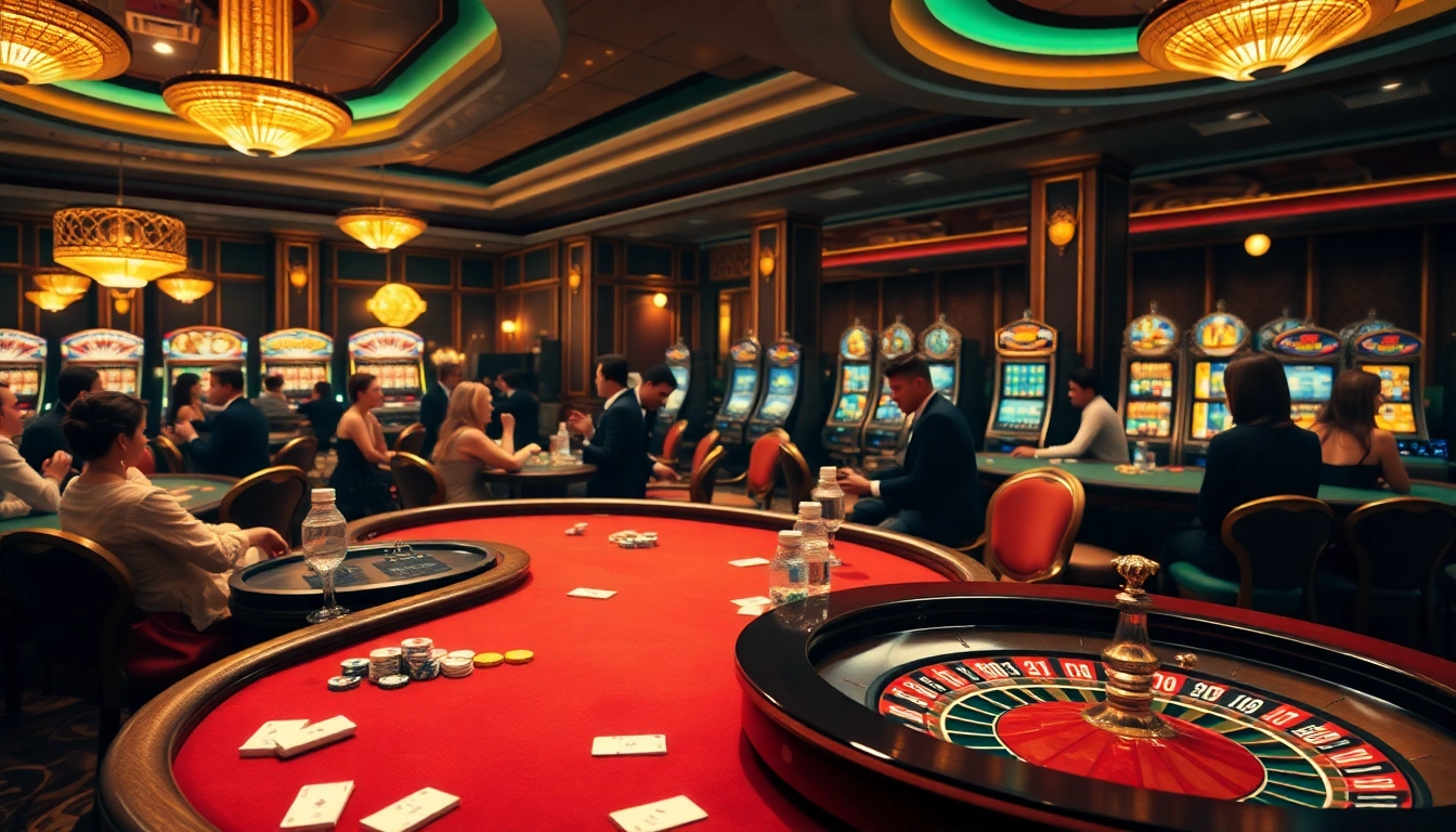 High-stakes gameplay at https://nk88.sa.com/ featuring vibrant casino tables, roulette, and poker players.