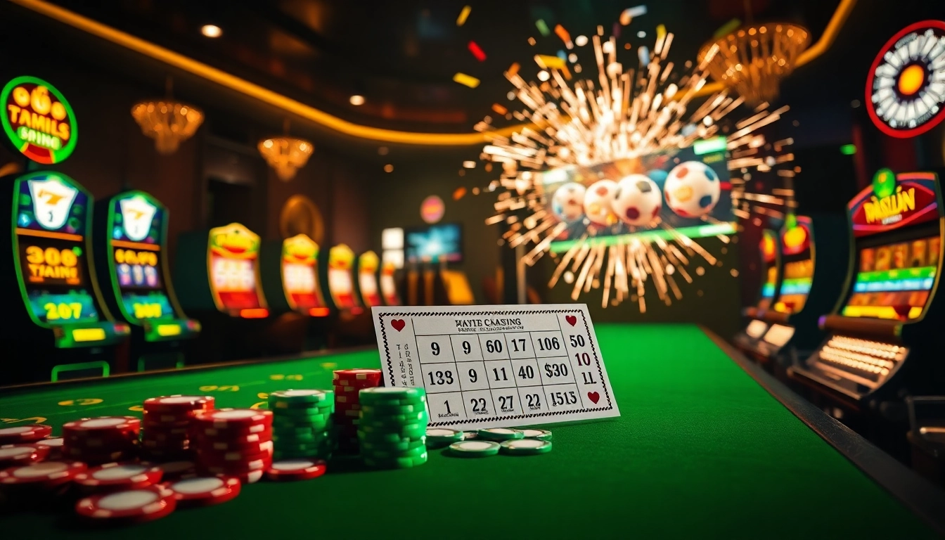 Explosion of a prize-winning lottery captured in a luxurious casino celebration scene.
