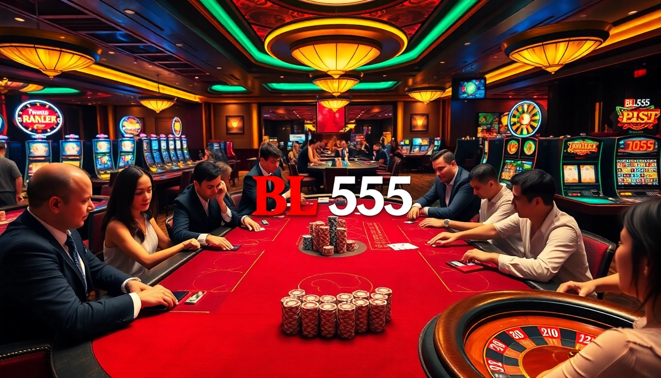 Jogadores desfrutando de jogos de cartas de altas apostas no cassino BL555, com iluminação vibrante e decoração luxuosa.