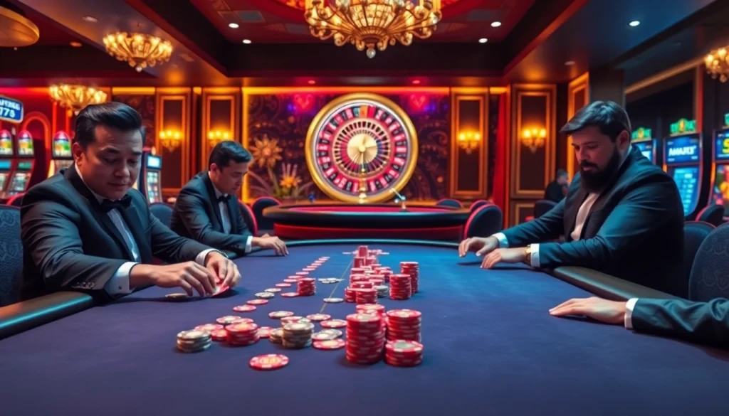 Experience the thrill of gambling with MB66 at a professional poker table in a luxurious casino.