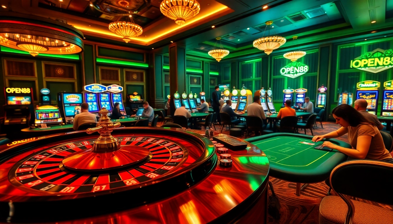 Experience the thrill of OPEN88 at a luxury casino with vibrant roulette tables and slot machines.