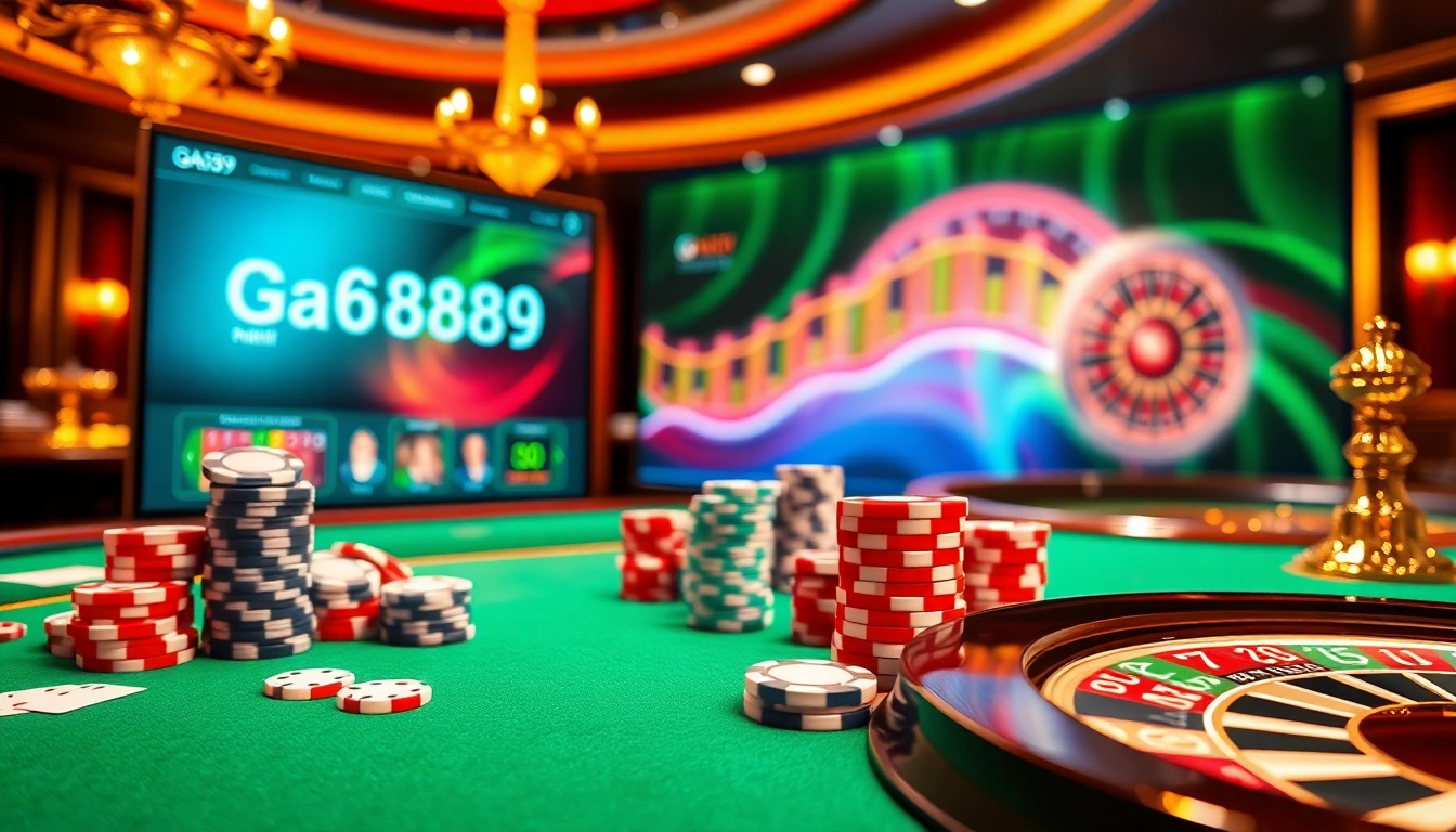 Experience excitement at GA6789 with an online gambling scene featuring vibrant casino tables and gaming elements.