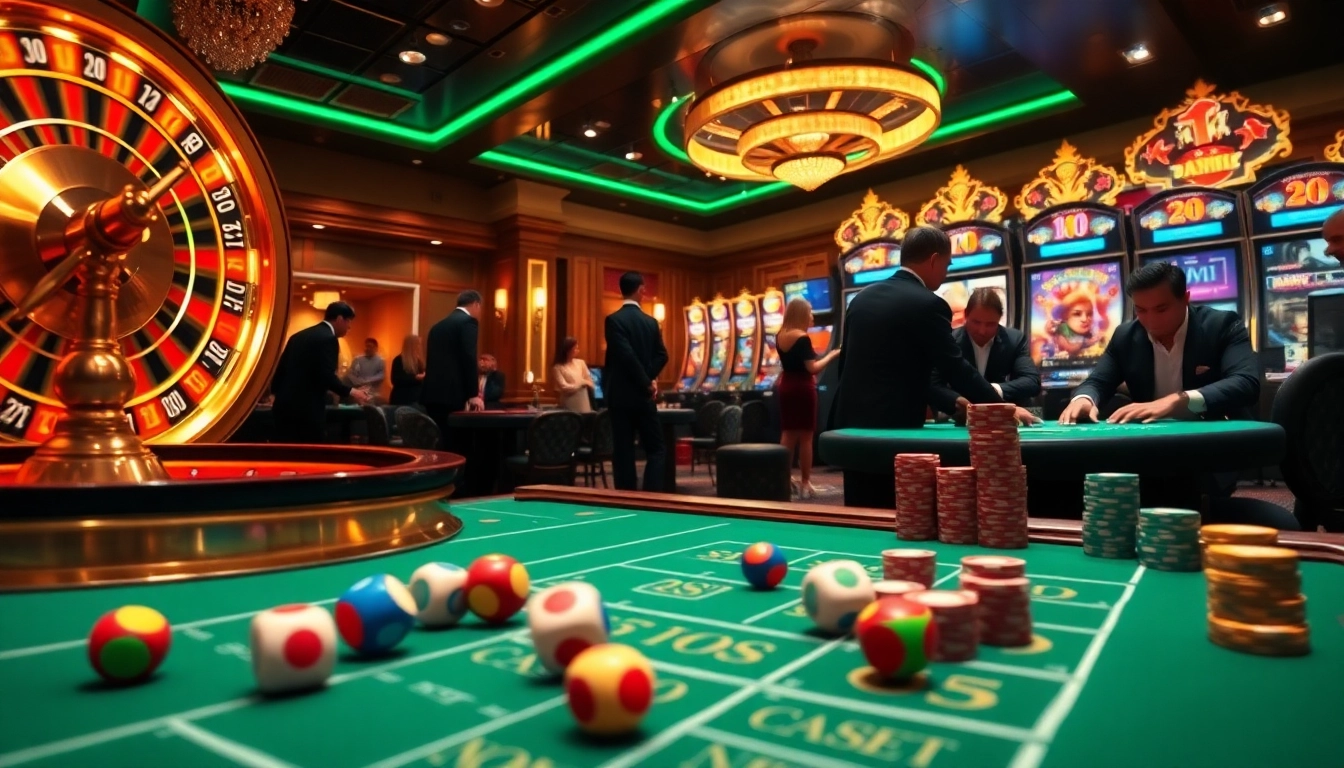 Exciting gaming scene at trang chủ rikbet featuring players at a craps table and roulette wheel.