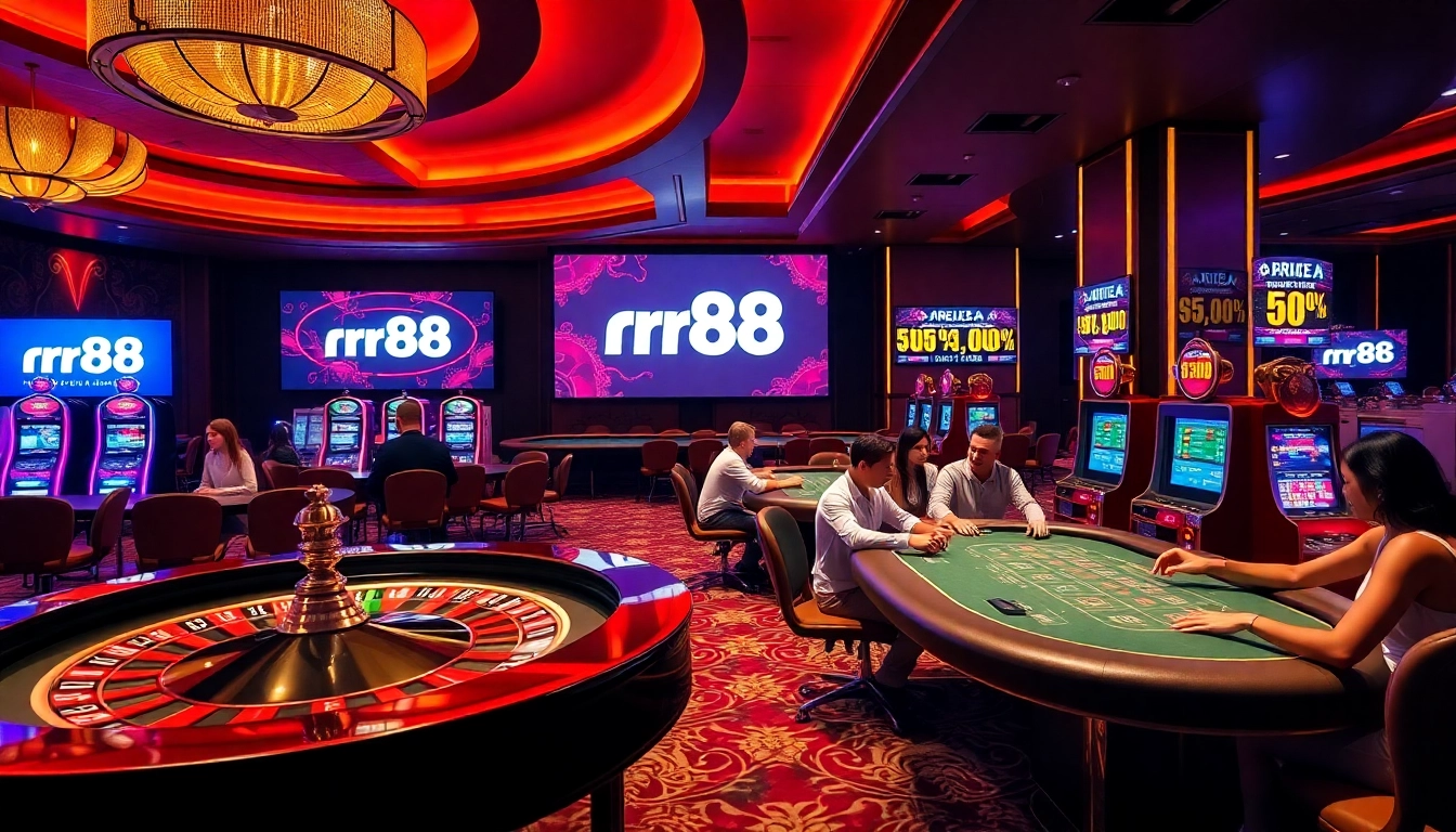 Experience the thrill of rr88 gaming with a vibrant casino scene showcasing roulette and poker.