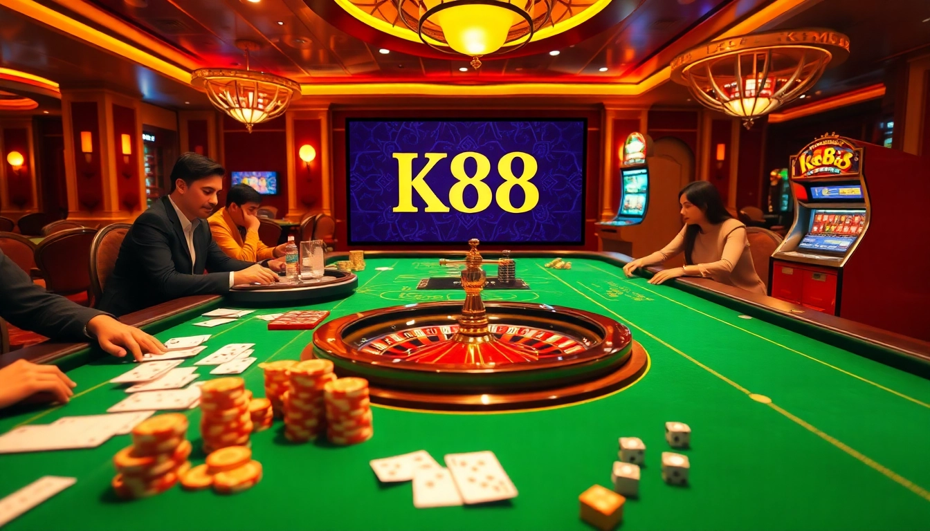 K88 casino scene showcasing thrilling table games and vibrant gambling atmosphere with poker chips and roulette wheel.
