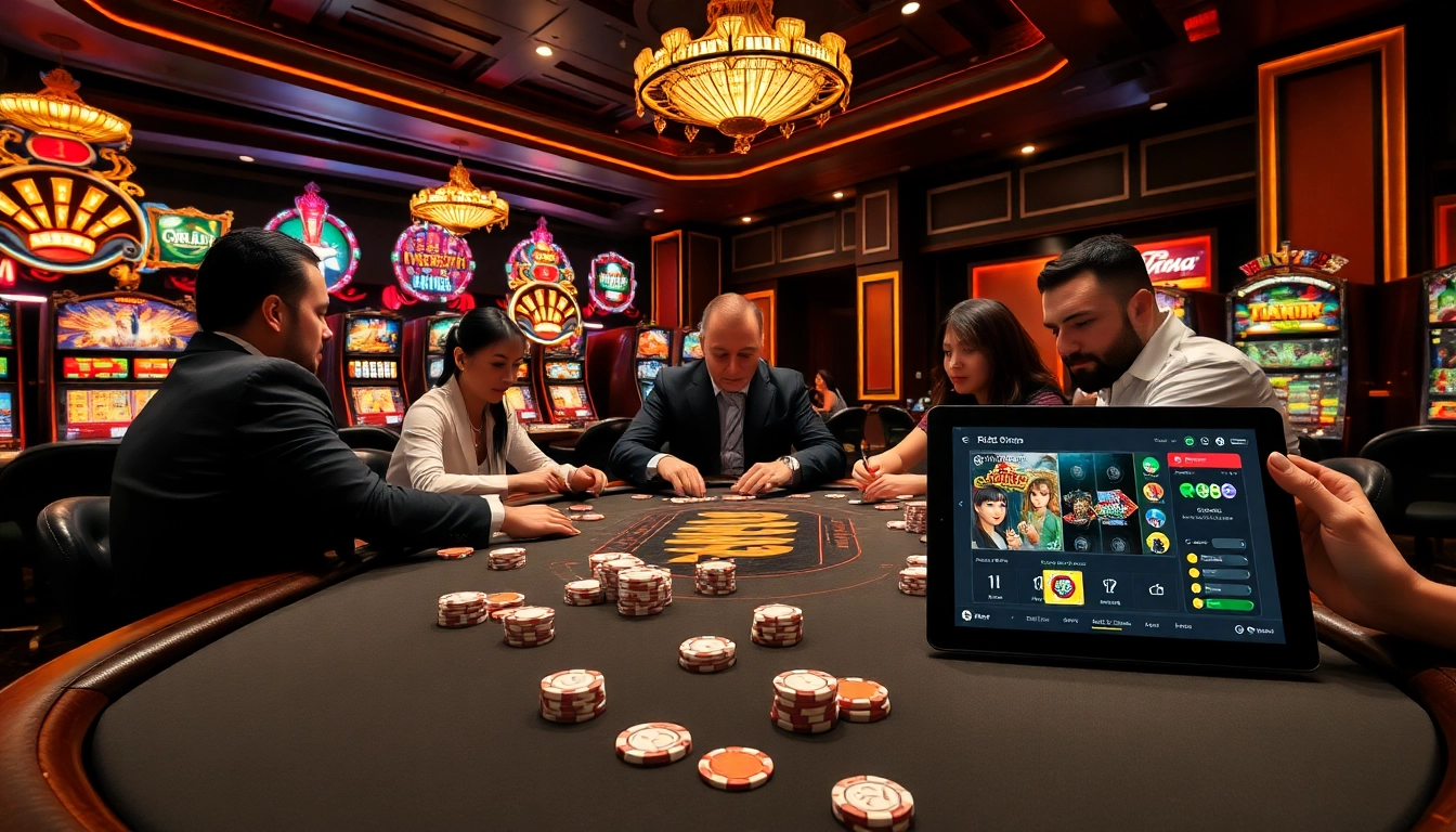 Engage with the vibrant RR88 casino scene showcasing players at gaming tables and slot machines.