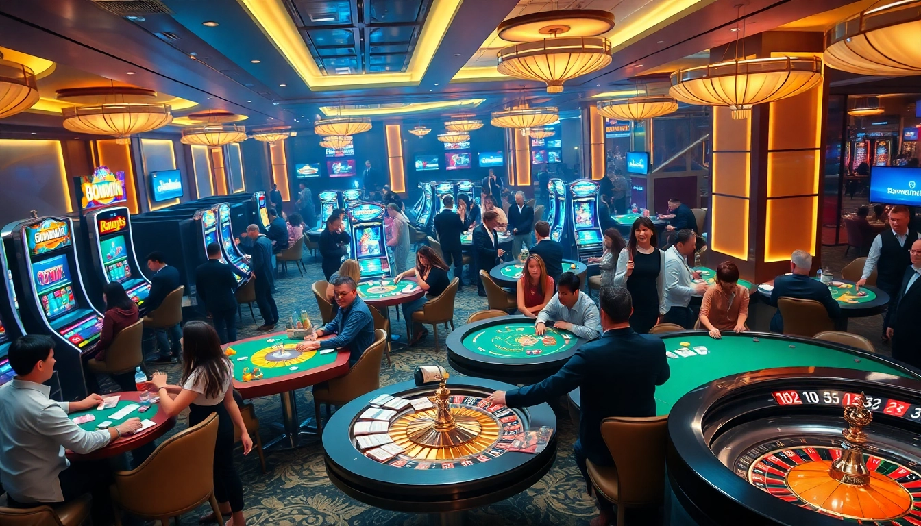 Excited players engaging in high-stakes gambling at Bomwin casino, surrounded by vibrant slot machines and elegant tables.