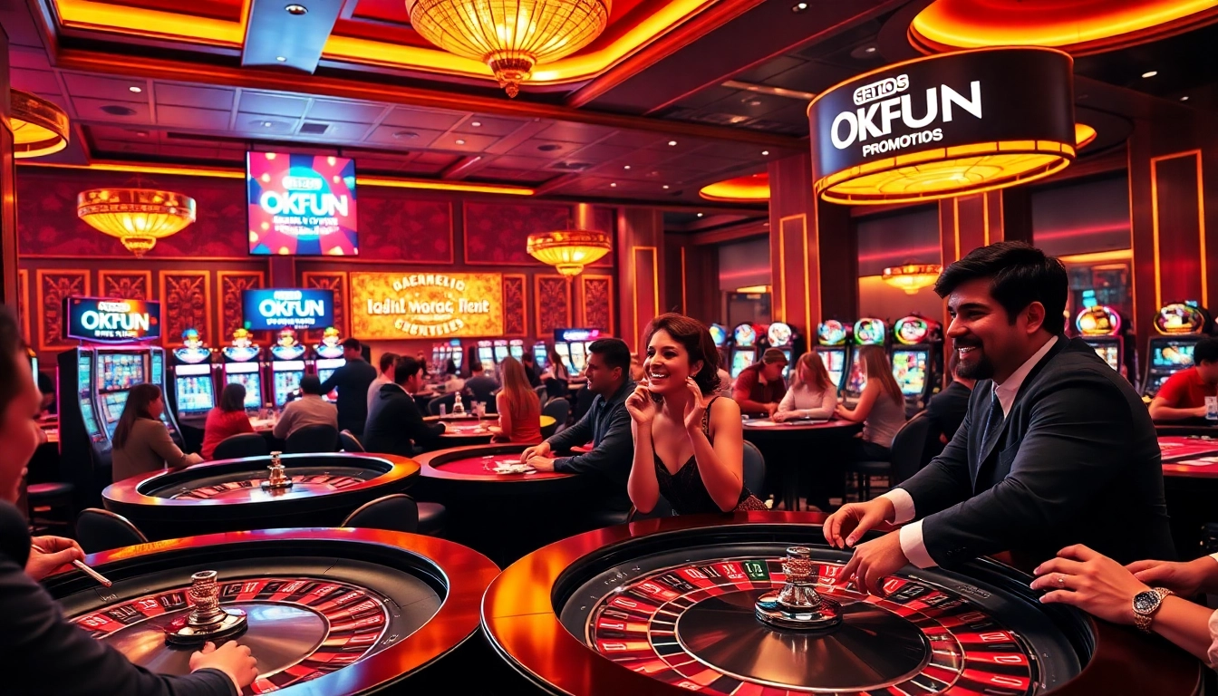Players enjoying exciting games at OKFUN casino, vibrant atmosphere with roulette and slot machines.