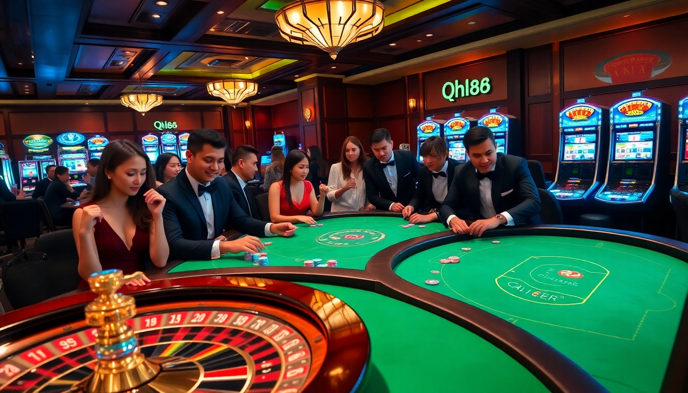 Experience thrilling action at qh88 casino with diverse games, vibrant poker chips, and roulette excitement.