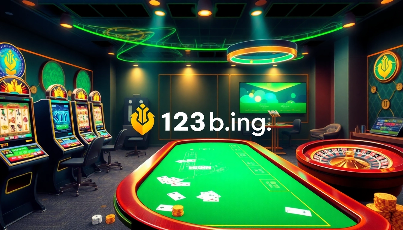 Engaging online gambling scene featuring the platform https://123b.ing/ with vibrant slot machines and poker tables.