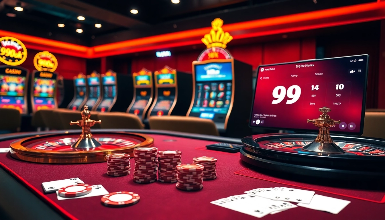 Exciting casino scene with 99ok branding, inviting gamblers to experience poker, roulette, and slots.