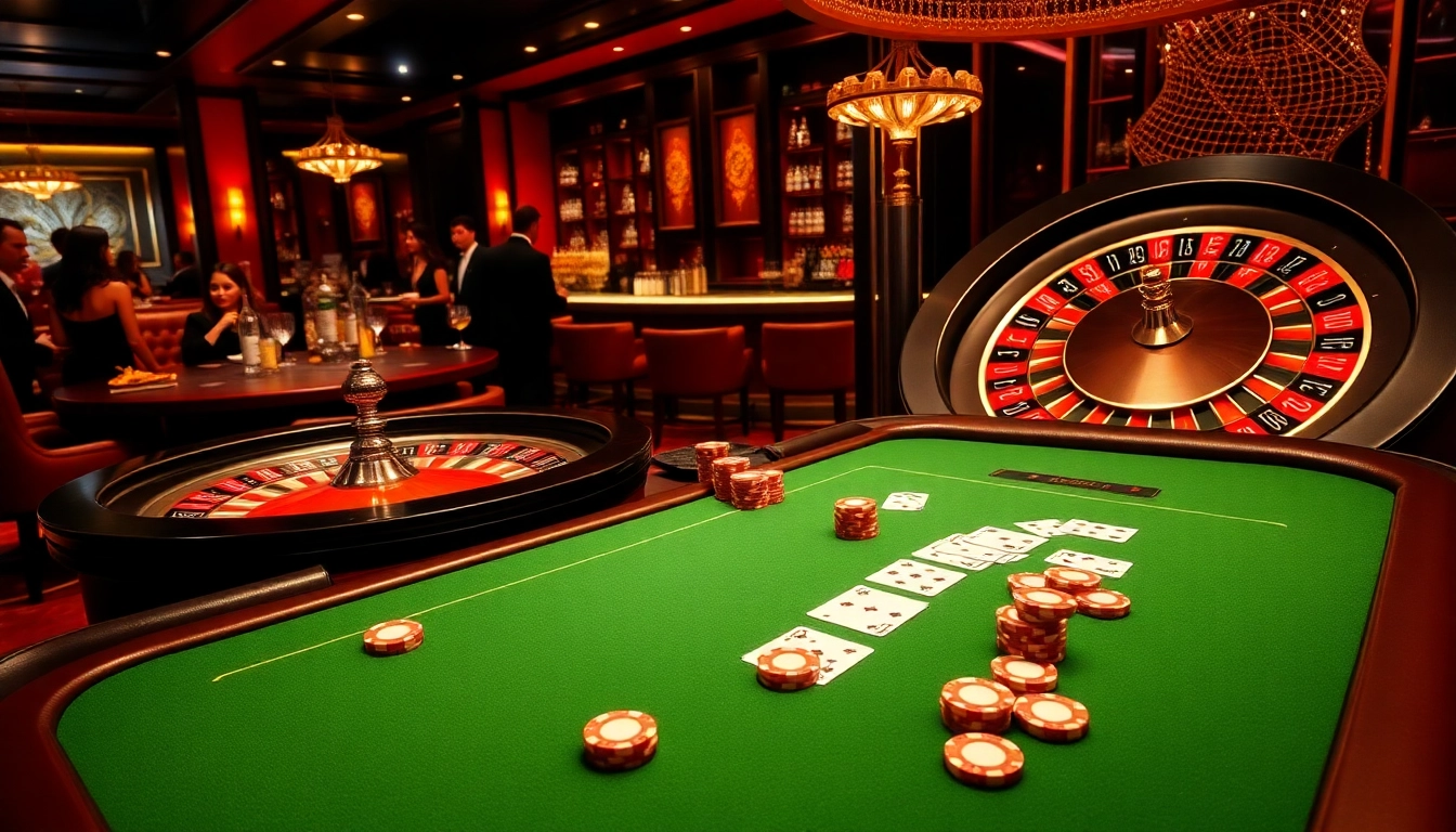 Experience excitement at a luxurious casino with j88 poker chips, cards, and roulette wheel.