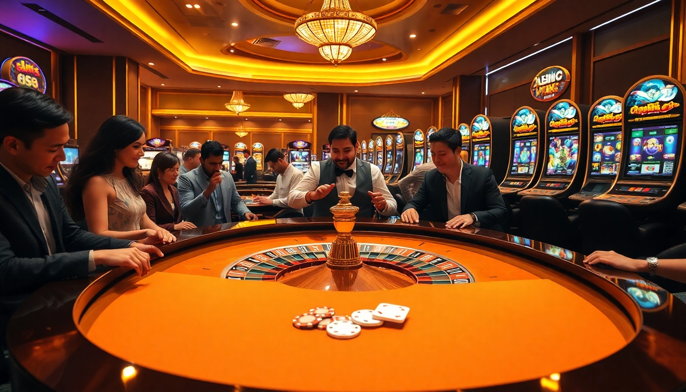 Players enjoying exciting games at 123win casino, featuring a luxurious roulette table.