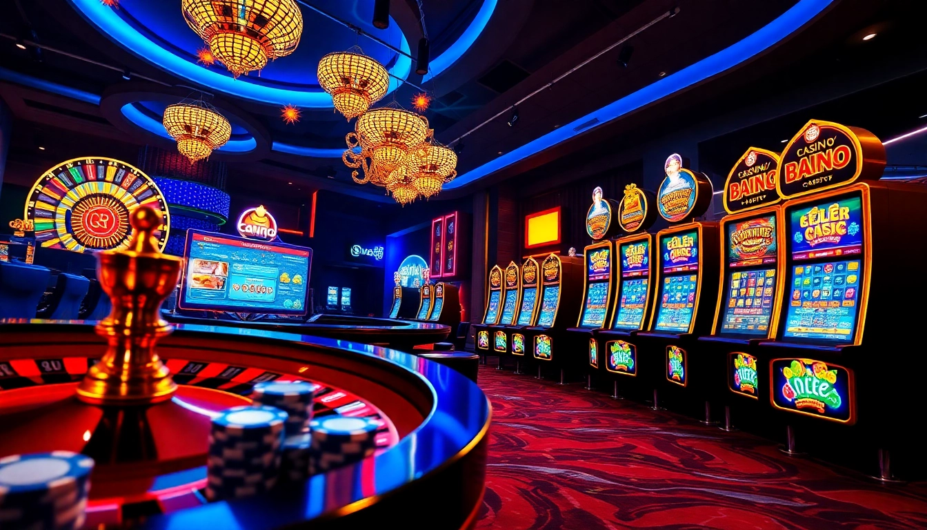 A vibrant online gambling scene from https://bet88vn.bio featuring roulette, poker chips, and slot machines.