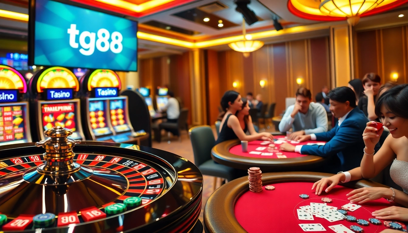 Experience the excitement of tg88 casino gaming with dynamic tables, poker chips, and vibrant slot machines.