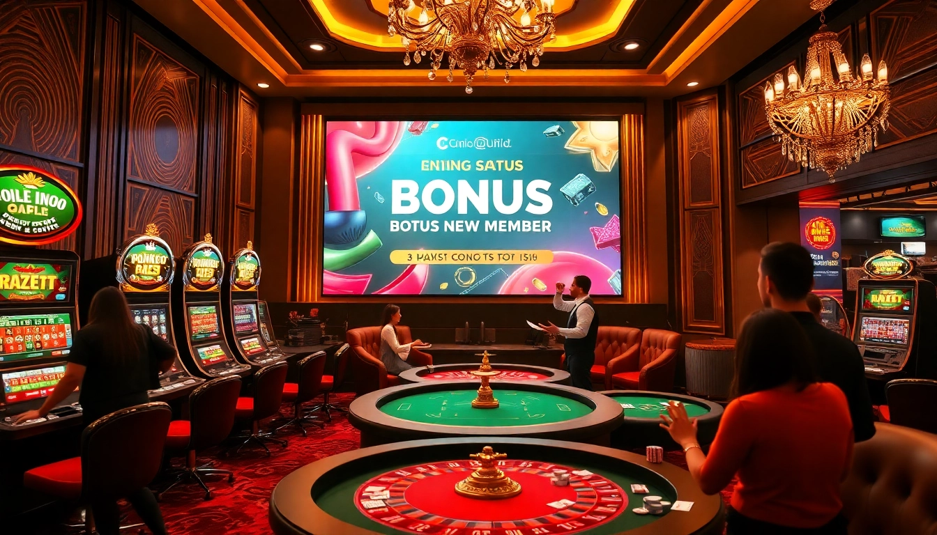 Situs bonus new member highlighted on a vibrant casino digital screen amidst slot machines and poker tables.