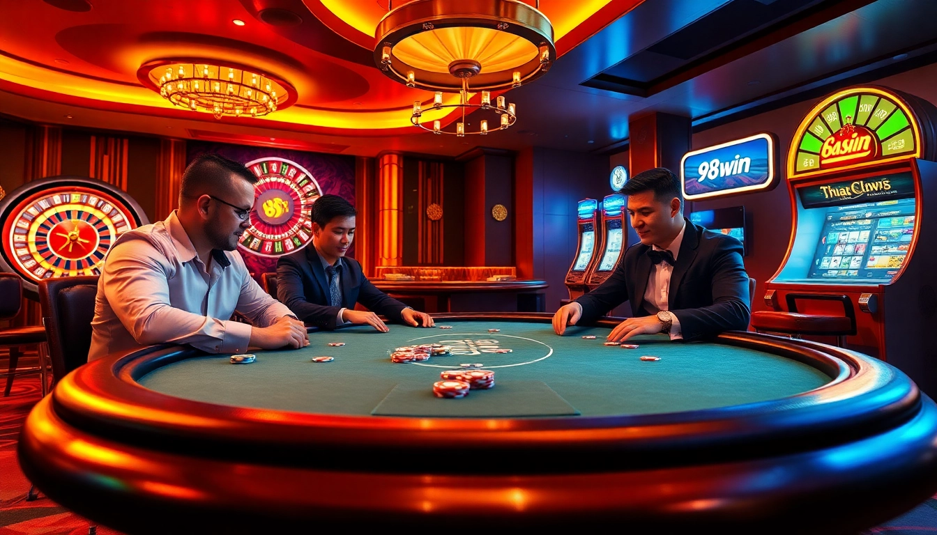 Engaged players at a poker table in a vibrant casino scene showcasing 98win.