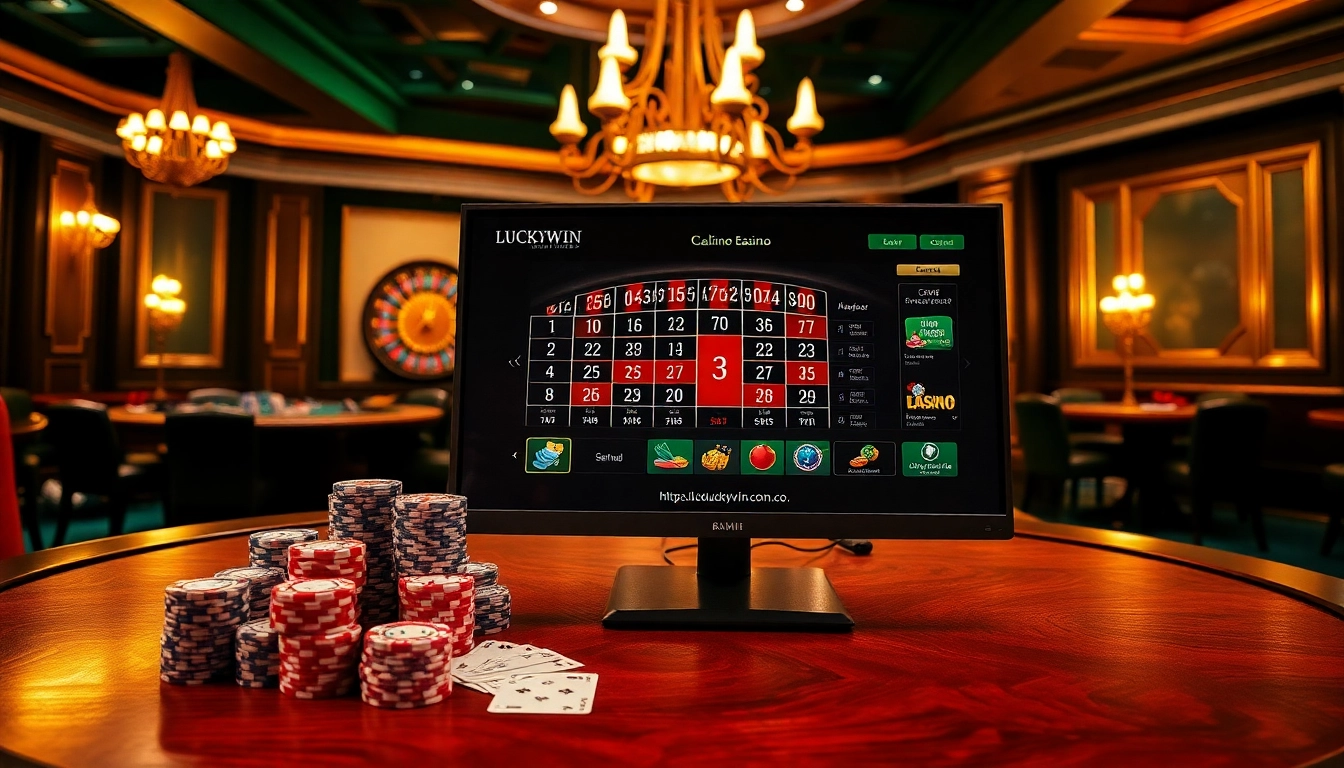 Players enjoying a high-stakes game at https://luckywin.com.co/ poker table with vibrant chips.