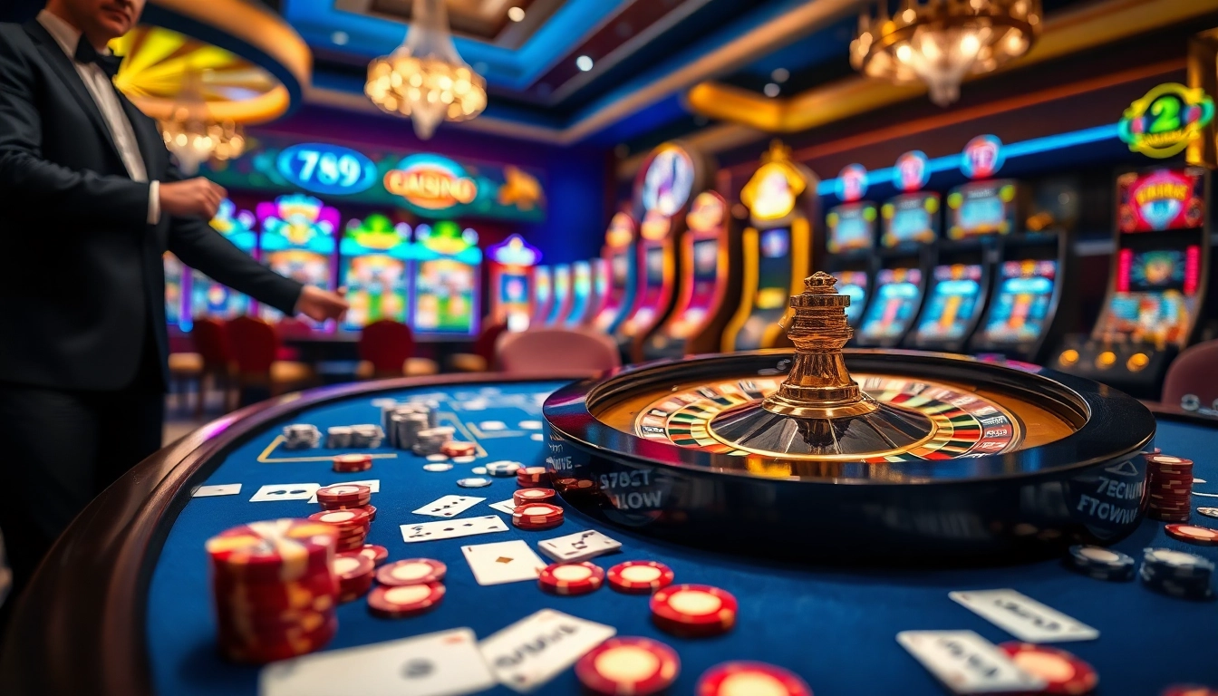 Experience the thrill of 789win casino with vibrant gaming tables and spinning roulette.