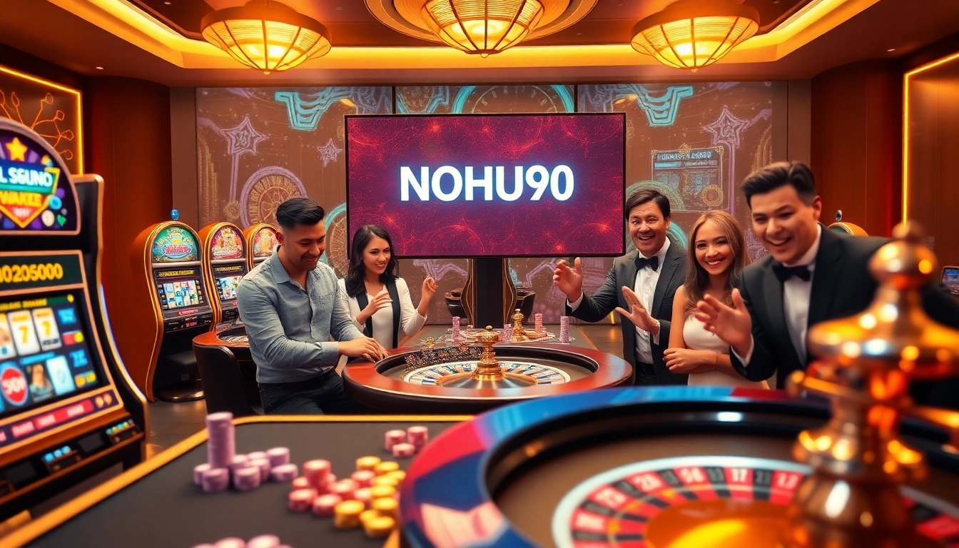 Players enjoying their time at NOHU90's online casino, surrounded by slot machines and vibrant gaming elements.