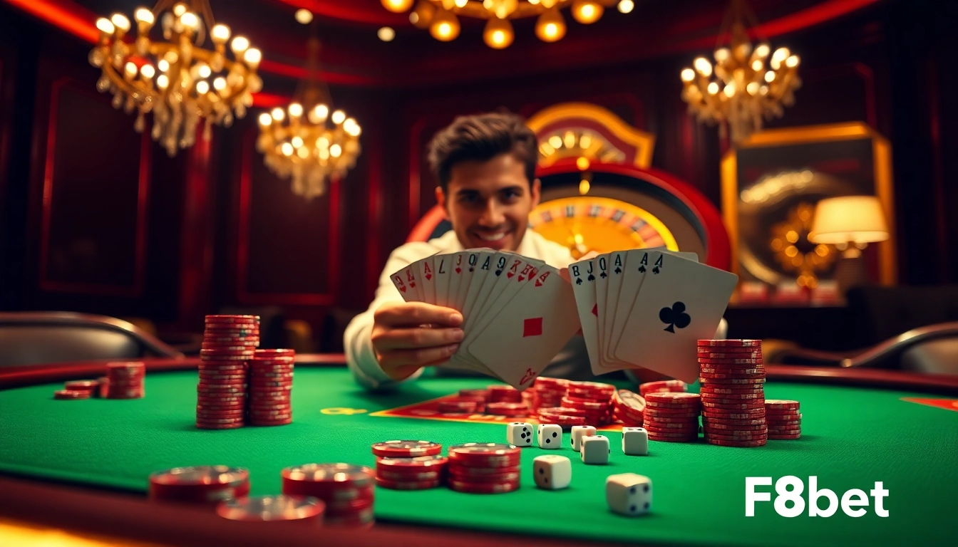 Players strategizing on a luxurious F8bet poker table during a high-stakes game.