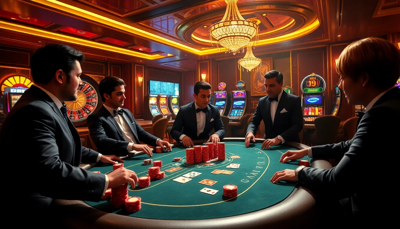 Players enjoying a thrilling poker game at 55win55 casino, with vibrant gaming atmosphere.