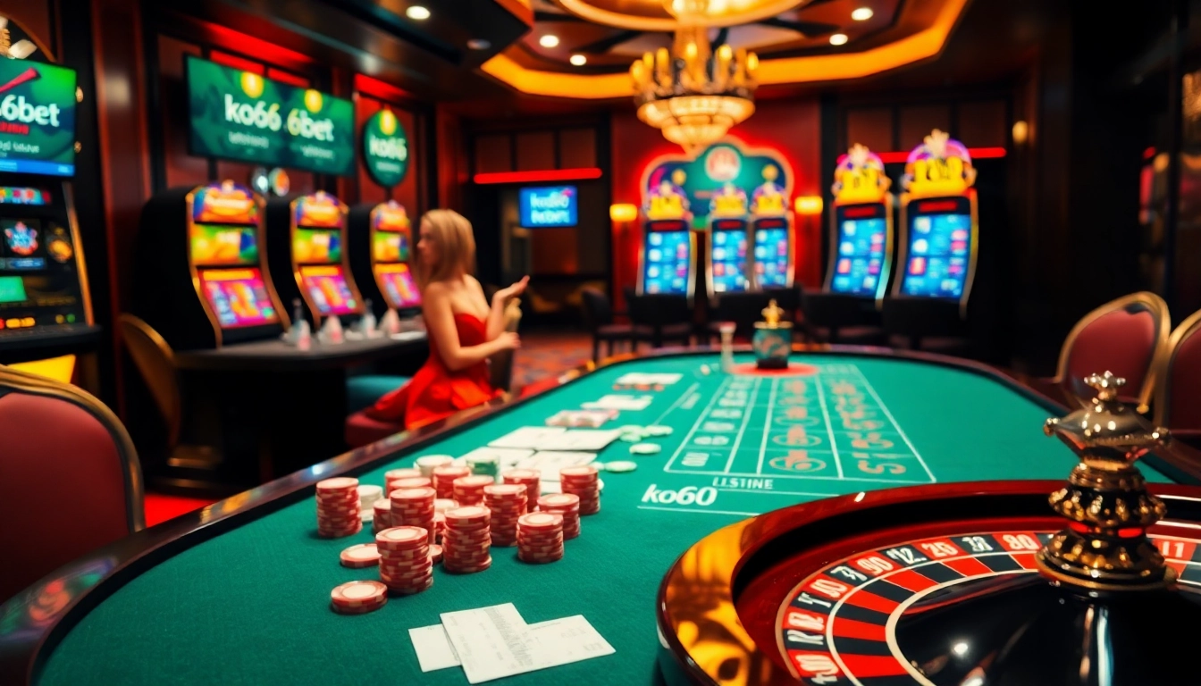Experience thrilling gameplay at ko66bet with vibrant casino scenes and luxurious poker tables.