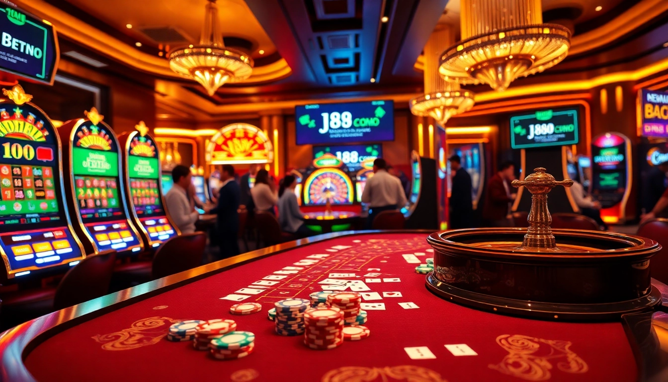 Experience thrilling action at https://j88com.live/ with vibrant casino games, poker chips, and roulette tables.