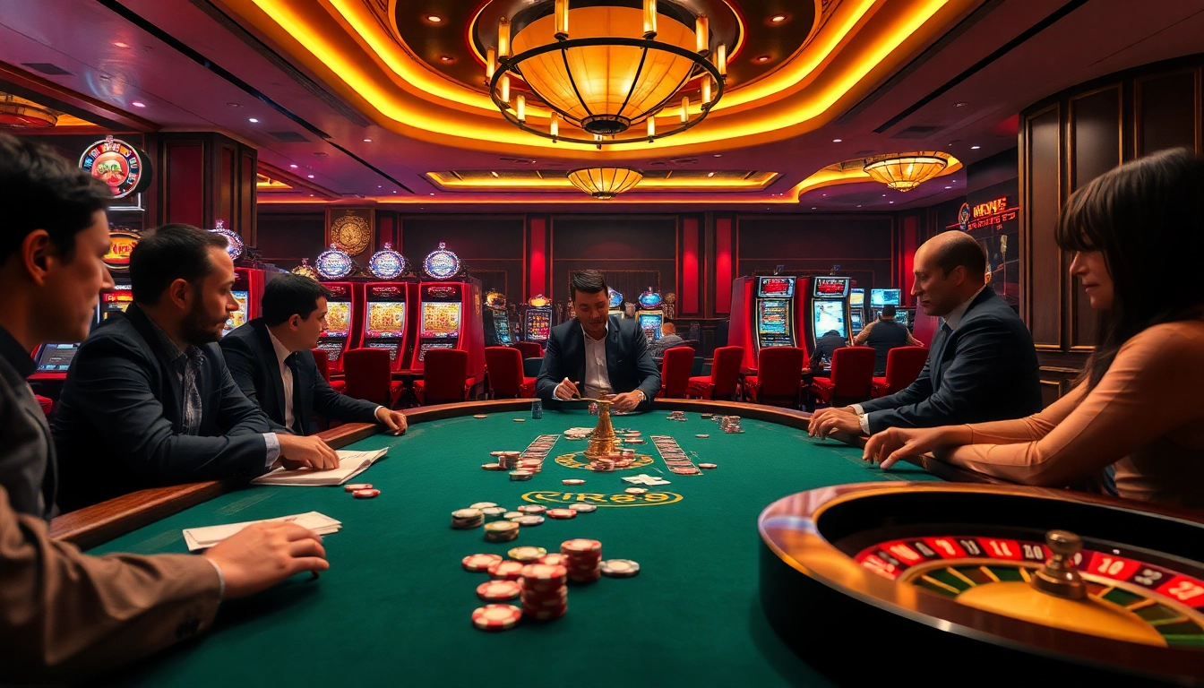 Engaging scene at RR88 with players strategizing at the poker table and vibrant slot machines.