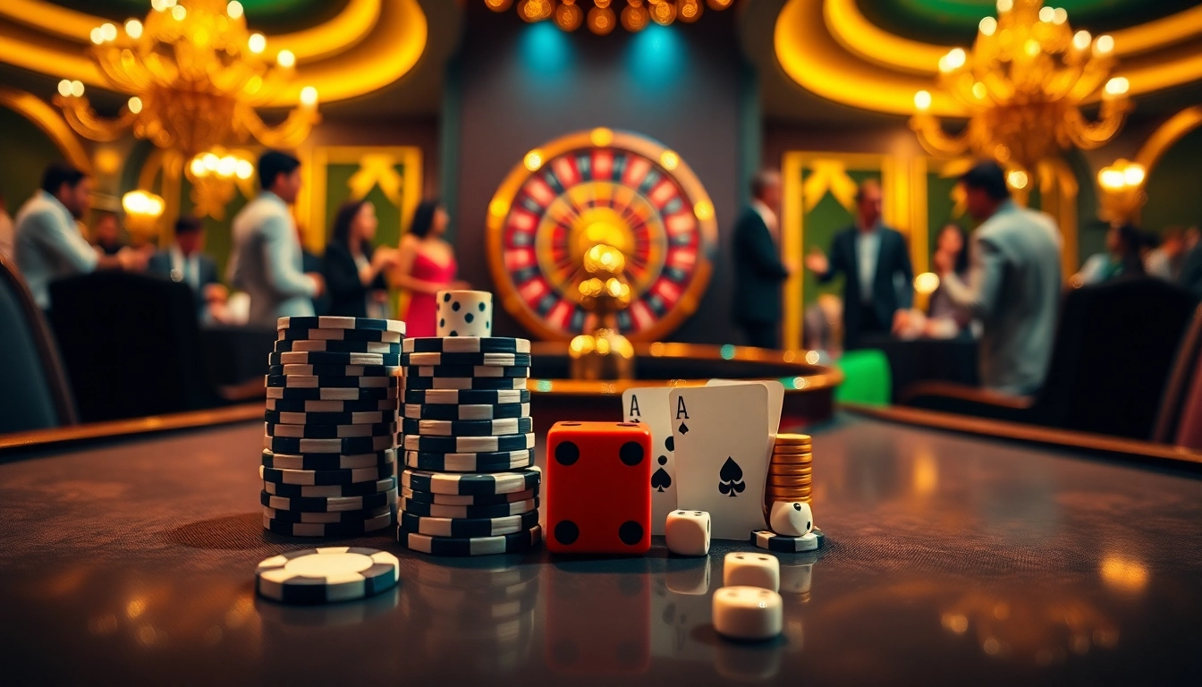 Experience the excitement of gambling at LU88 with luxury casino tables, bright poker chips, and elegant playing cards.