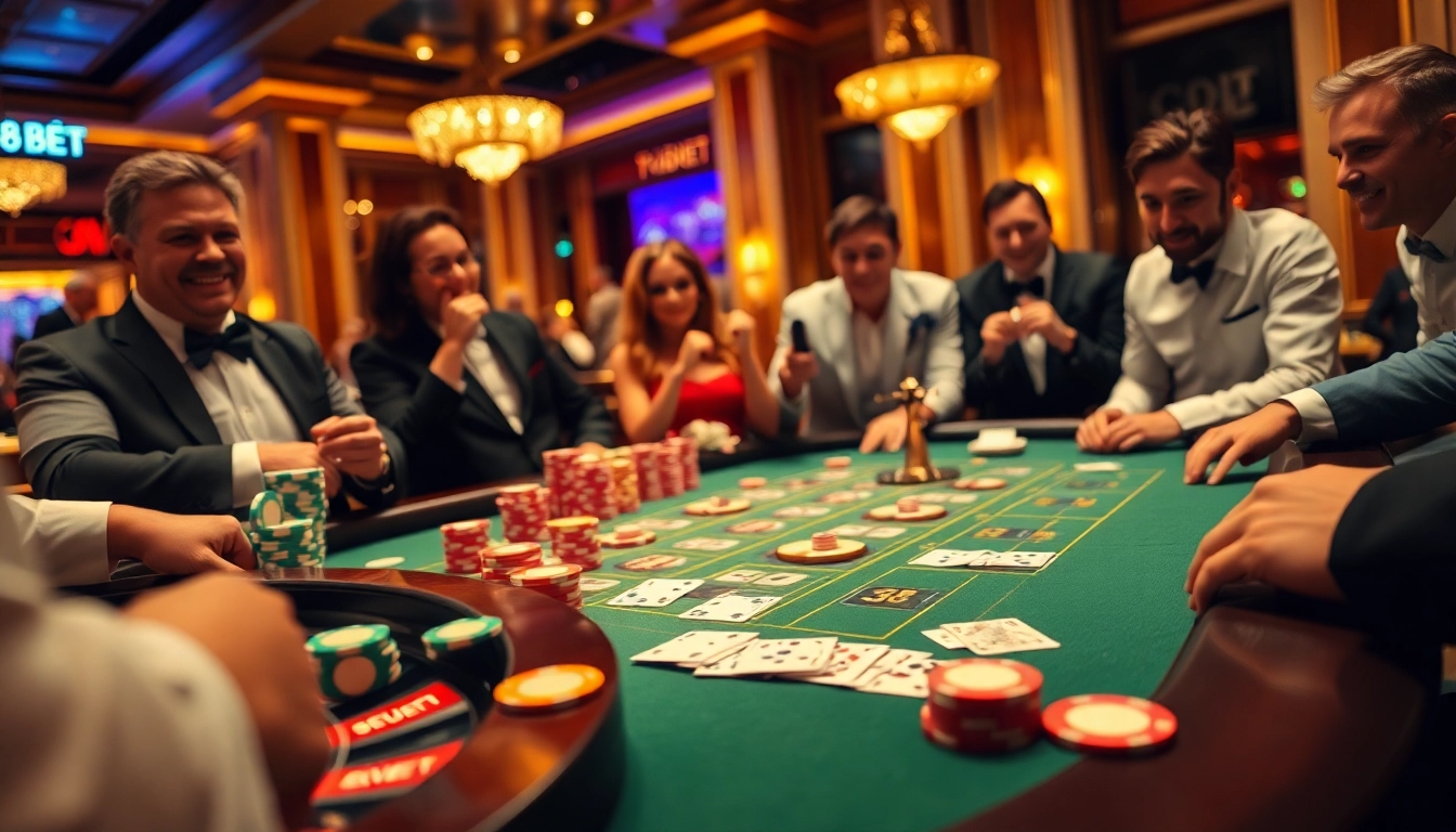 Excited players engaging at a luxurious F8BET poker table with vibrant accessories and casino decor.