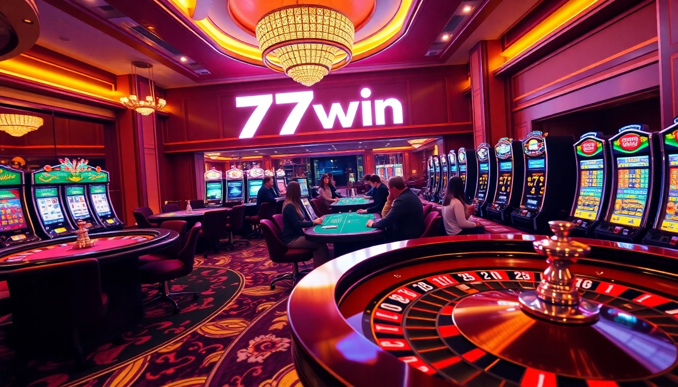 Players enjoying their time at 77win casino, engaging with roulette and slots in a luxurious setting.