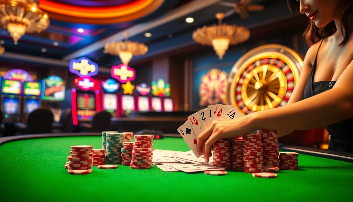 Players enjoying a thrilling game at nk88 casino with vibrant poker chips and cards on the table.