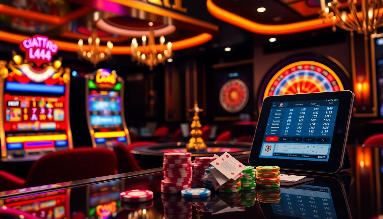 L444 gaming platform showcasing vibrant slots and poker action in a luxurious casino setting.