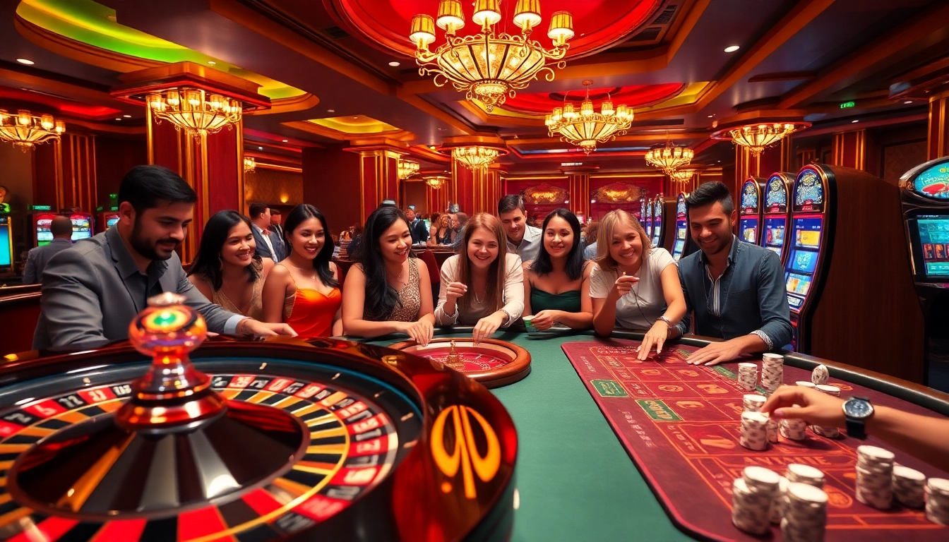 Players engaging in thrilling games at mm88 com's luxurious casino, showcasing roulette and slot machines.