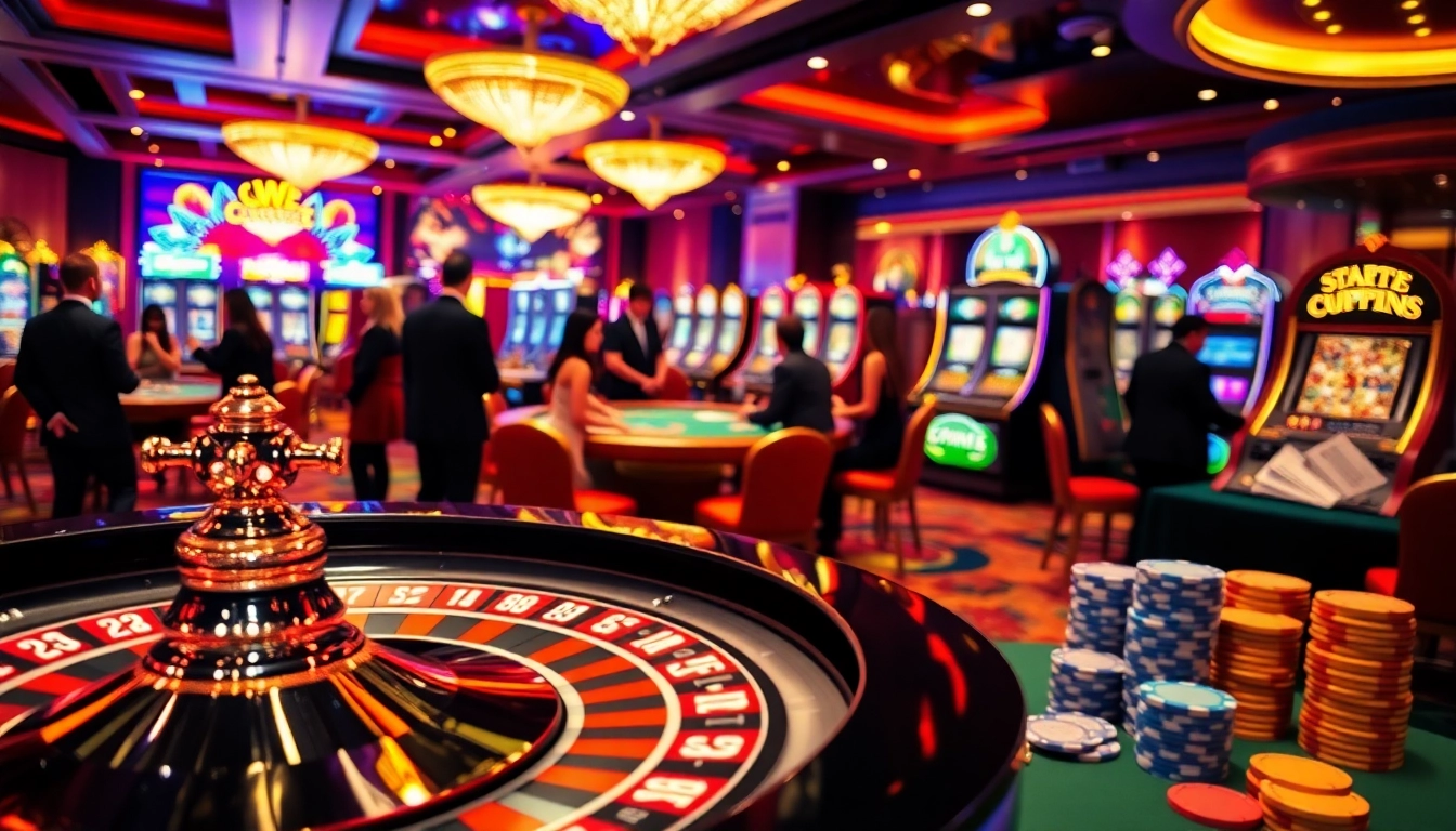 Kuwin casino scene featuring roulette wheel, poker chips, and vibrant slot machines.