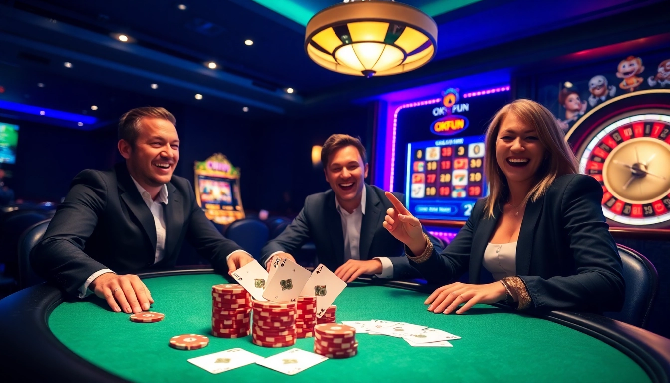 Players engage in high-stakes poker at OKFUN Casino, surrounded by vibrant slot machines and illuminated roulette wheels.