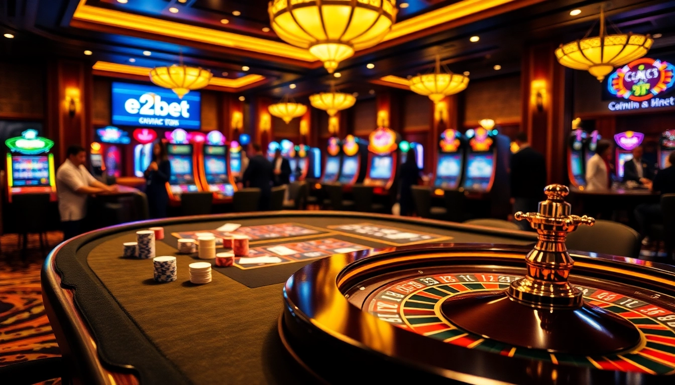 e2bet players enjoying a thrilling casino experience with poker chips and slot machines