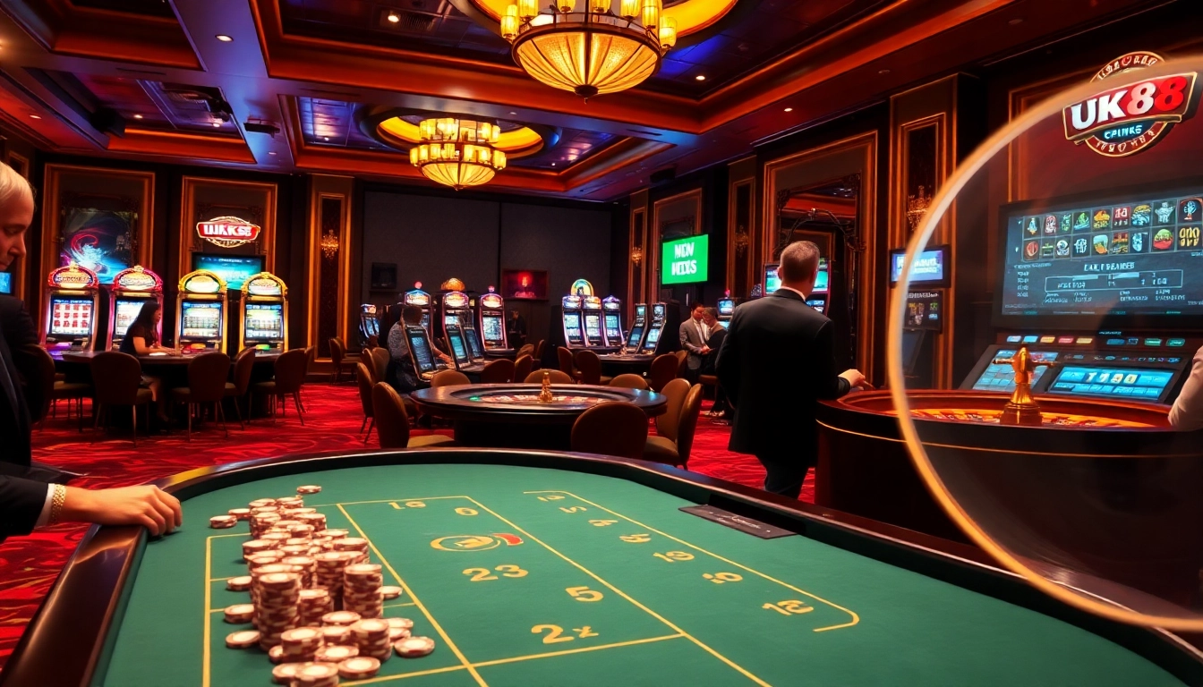 Experience the thrill of gambling at UK88 with poker chips and spinning roulette.