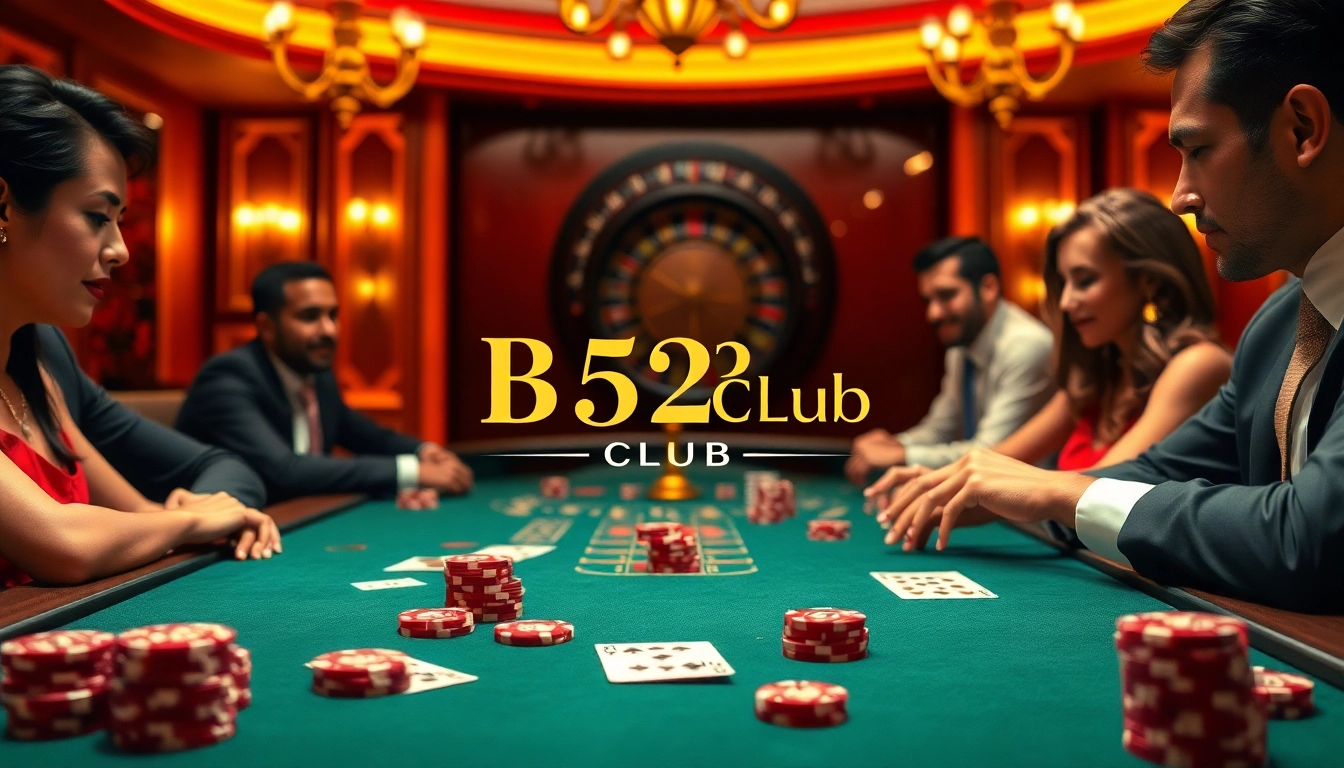 B52 Club gaming table with poker chips and players engaged in a thrilling game.