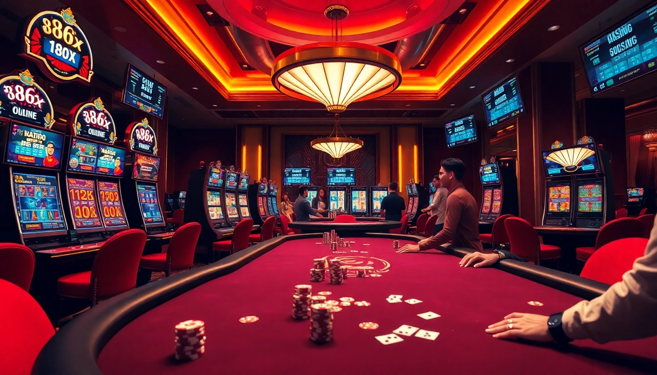 Engaging casino scene at 88xx with live dealer, poker table, and vibrant slot machines.