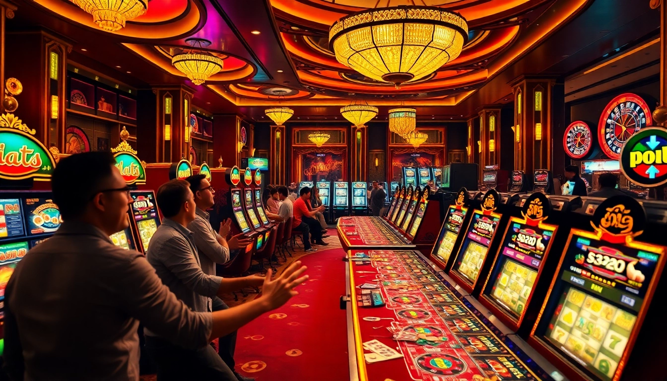 Pemain yang bersemangat terlibat dengan mesin toto slot yang cerah di suasana kasino mewah.