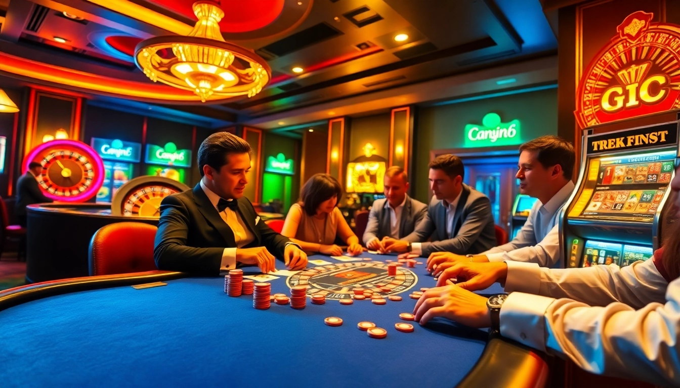 Players engaging in high-stakes poker at go8 casino with vibrant chips and roulette in view.