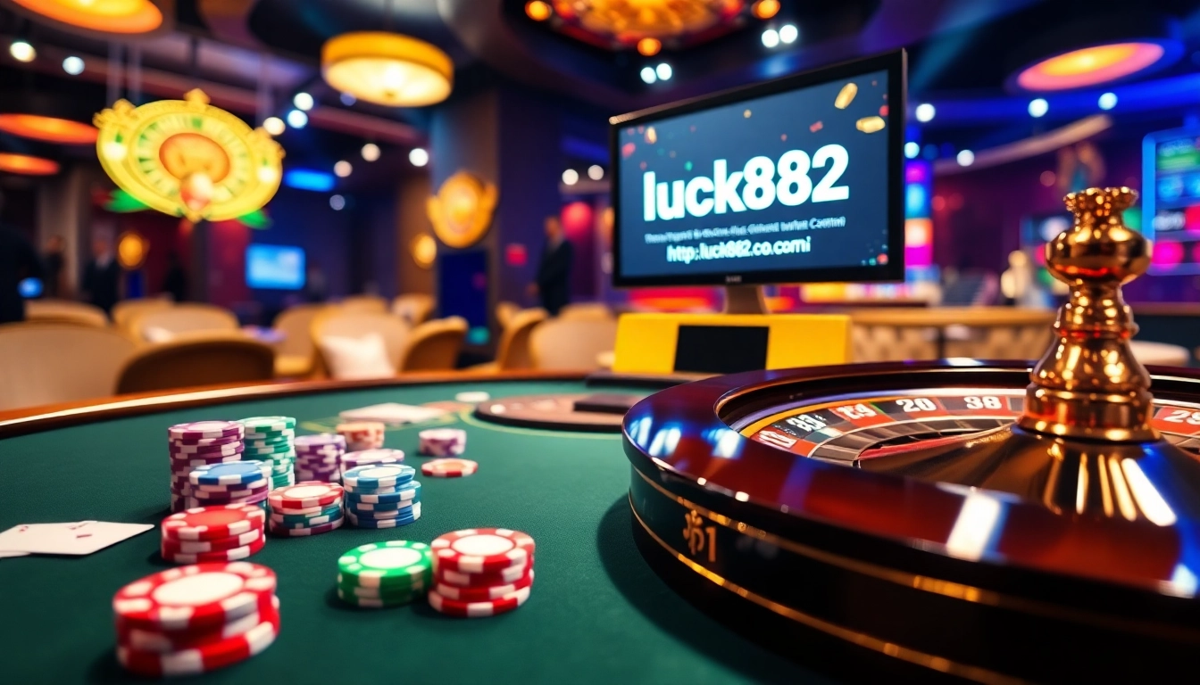 Engaging online gambling experience at https://luck882.co.com/ with poker chips and a roulette wheel.
