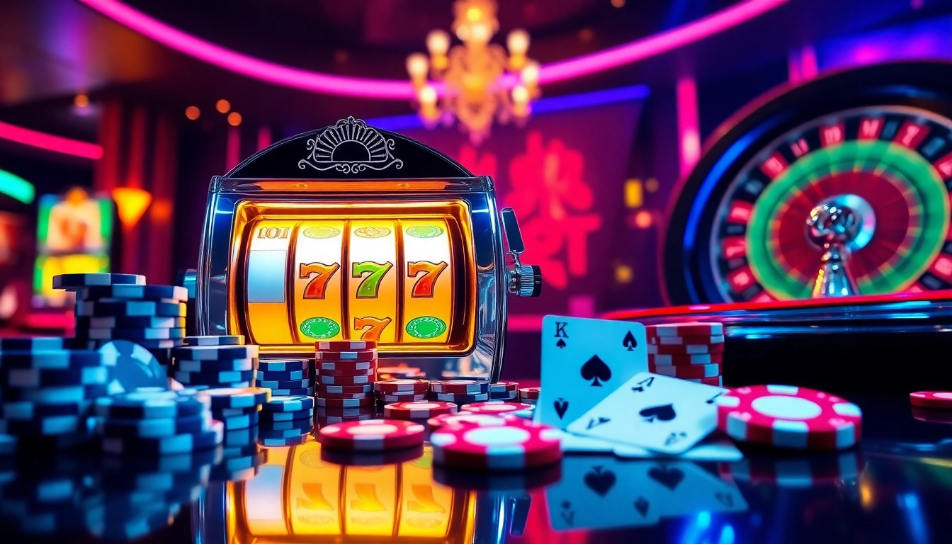 Engaging players with idnslot gaming experience at a luxurious casino with vibrant slot machines and poker chips.