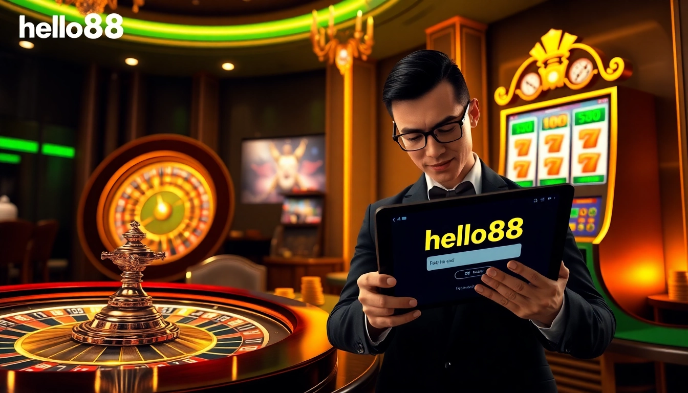 Hello88 đăng nhập - A player enjoying the vibrant online casino experience with a roulette wheel and poker chips.