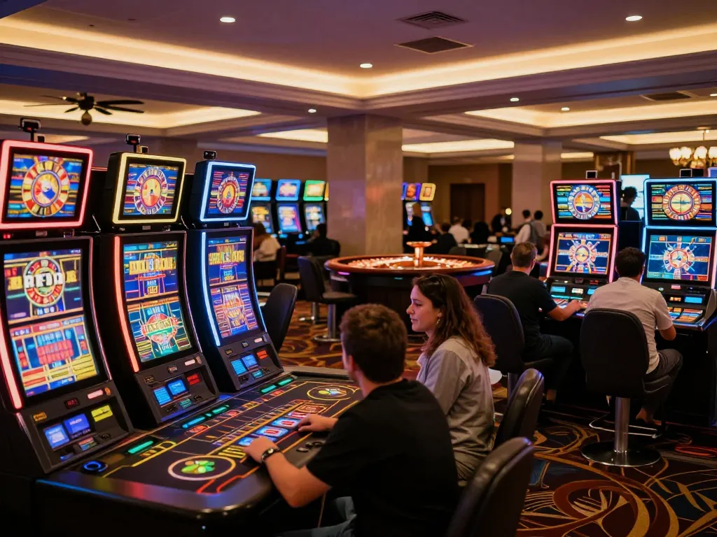 Players enjoy the thrill of macan33 slots with vibrant screens and bright lights on the casino floor