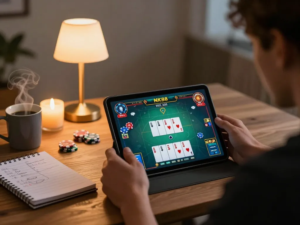 NK88 player strategizing with game interface in a cozy home setting, highlighting engagement and responsible gaming.